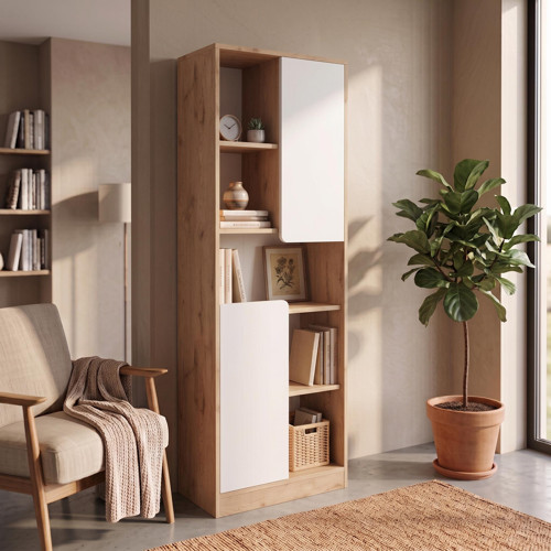 W2110 Daffy Kitaplık Sepet-Beyaz - 183 cm Yüksek, 2 Kapaklı, Raflı ve 9 Bölmeli Çok Amaçlı Dolap