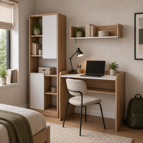 U2110 Daffy Çalışma Odası Takımı Sepet-Beyaz Çalışma Masası, 183cm Kitaplık ve Duvar Raflı 3lü Set
