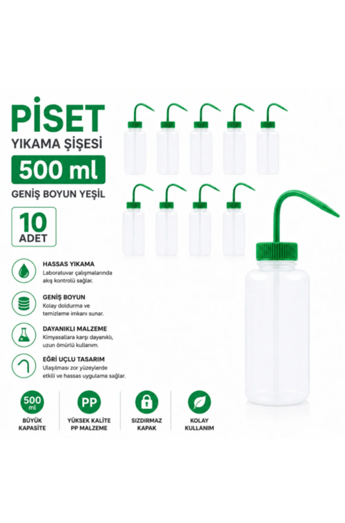 Piset 500 ml - Yıkama Şişesi - Geniş Boyun Yeşil 10 Adet