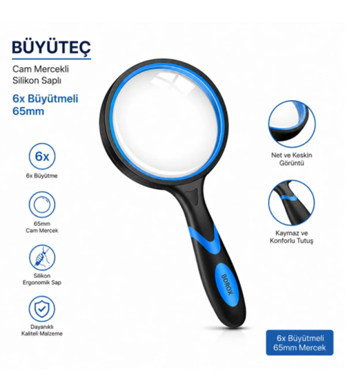 Büyüteç - Cam Mercekli - Silikon Saplı - 6x Büyütmeli - 65mm