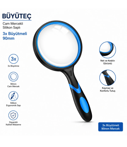 Büyüteç - Cam Mercekli - Silikon Saplı - 3x Büyütmeli - 90mm