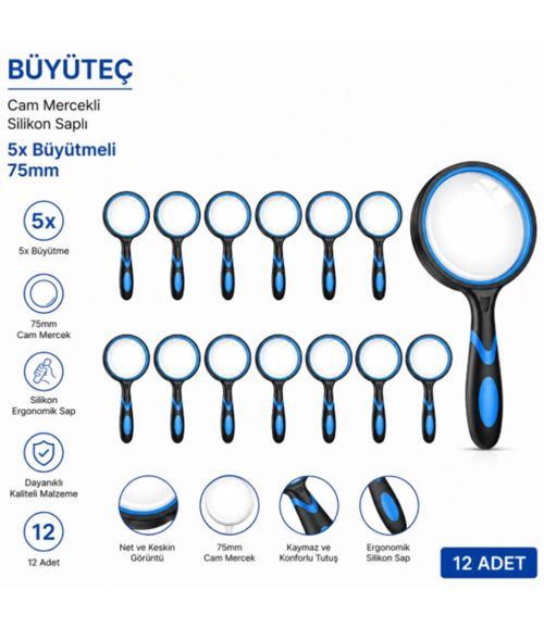 Büyüteç - Cam Mercekli - Silikon Saplı - 5x Büyütmeli - 75mm - 12 Adet