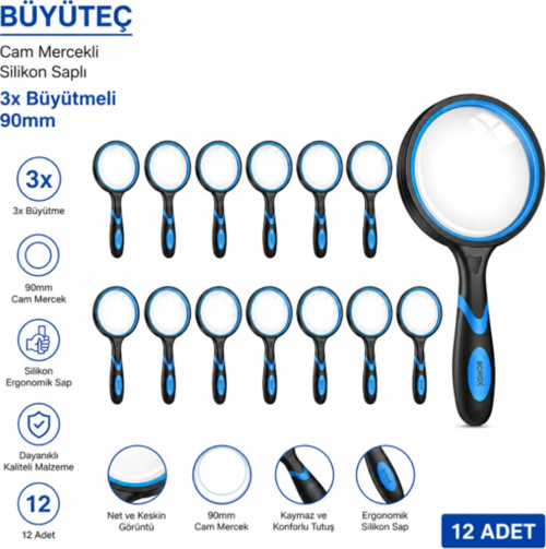 Büyüteç - Cam Mercekli - Silikon Saplı - 3x Büyütmeli - 90mm - 12 Adet