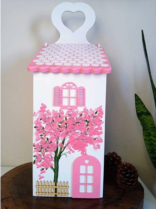 El Boyaması Pembe Renkli Ahşap Poşetlik