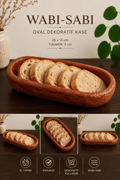 El Yapımı Wabi-Sabi Oval Dekoratif Kase | Organik Form Meyvelik & Ekmeklik Sunumluk 26x13 cm