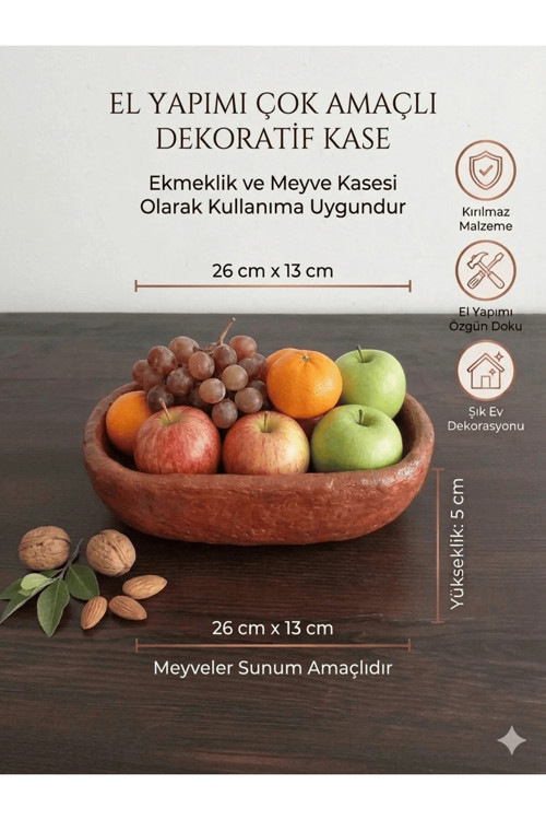 El Yapımı Çok Amaçlı Ekmek ve Meyve Kasesi - Dekoratif Sunum Kabı, Eşsiz Artisan Doku (26x13 cm)