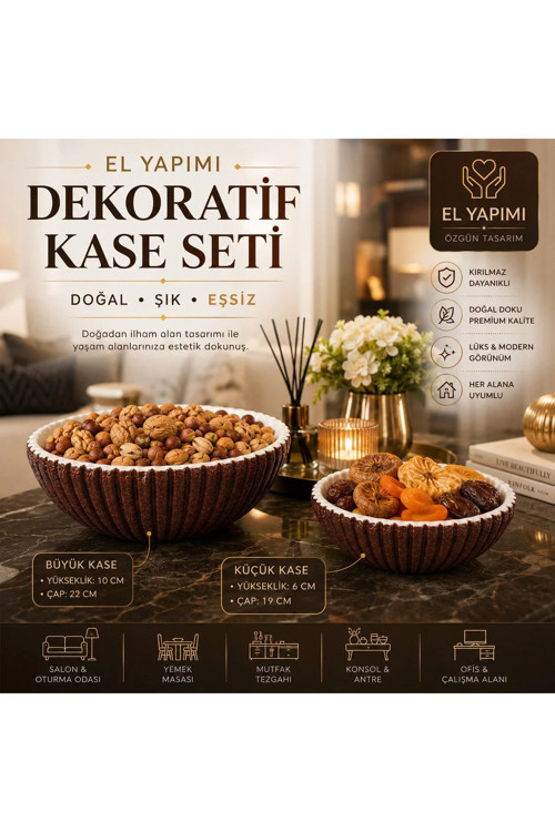El Yapımı Dekoratif Kase Seti 2'li Kırılmaz Meyvelik Çerezlik Modern Sunum Kasesi Kahverengi Beyaz