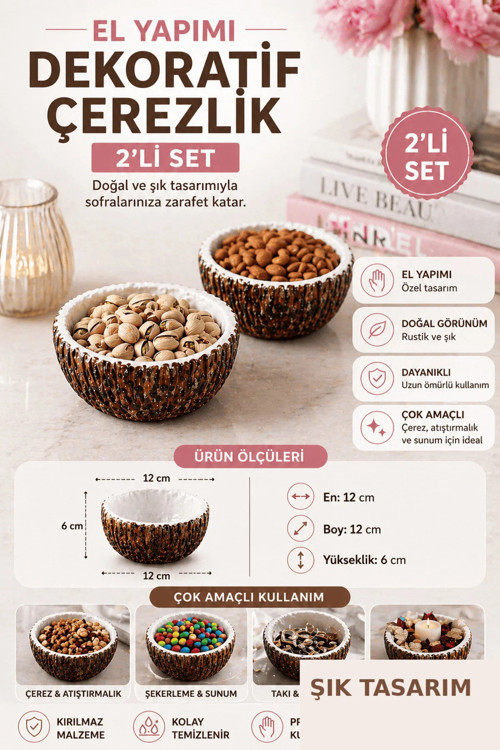 El Yapımı Dekoratif Çerezlik 2’li Set 12x12 cm | Kırılmaz Çok Amaçlı Kuruyemiş Sunum Kasesi
