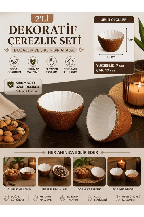 2’li Dekoratif Çerezlik Seti Terracotta & Vanilya Renk – El Yapımı Kırılmaz Sunum Kasesi 10 cm