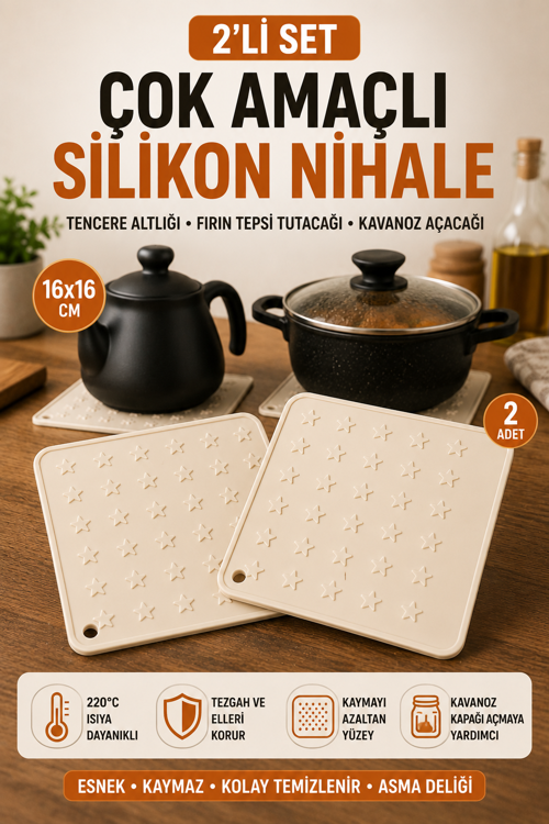 2'li Set Krem Silikon Nihale 16x16 cm Çok Amaçlı Tencere Tava Altlığı Fırın Tepsi Tutacağı Kavanoz Açacağı Ev