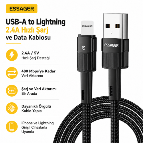 1 Metre USB-A Lightning Hızlı Şarj Kablosu 2.4A 480 Mbps Veri Aktarımlı Örgülü Kısa Şarj Kablo