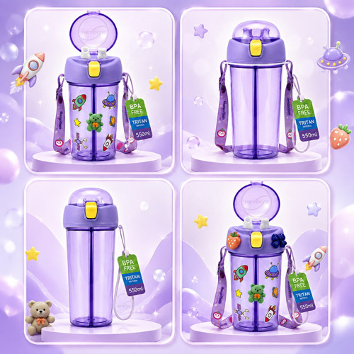 Mâbeyn İkili Suluk 550 ml – Tritan BPA-BPS Free Matara, Çift Hazneli, Çift İçim Kapaklı, Bilek ve Boyun Askılı, Sticker & 3D Figür Hediyeli