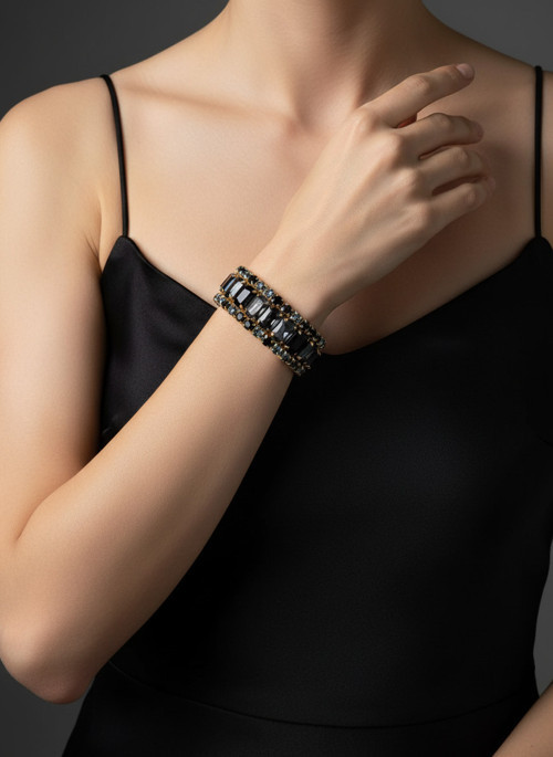 Accessories Kadın Altın Renk Siyah - Antrasit Taşlı Üçlü Bileklik Seti