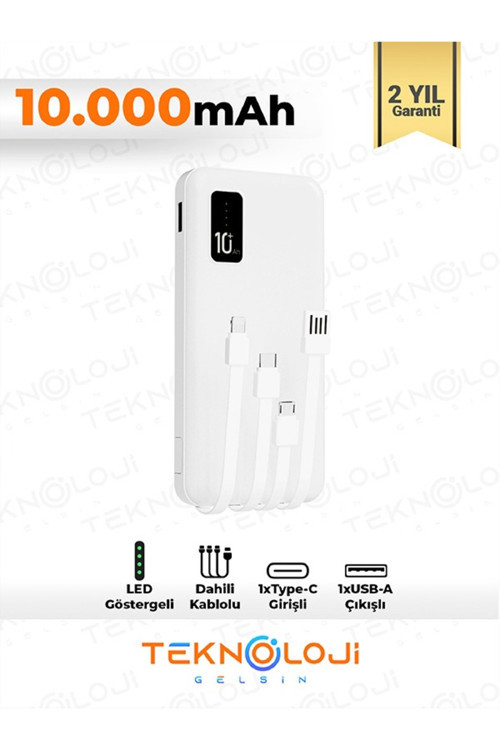 10.000 Mah Powerbank Elfenerli Dijital Led Gösterge Kendinden Kablolu Taşınabilir Şarj Aleti 4 Çıkış