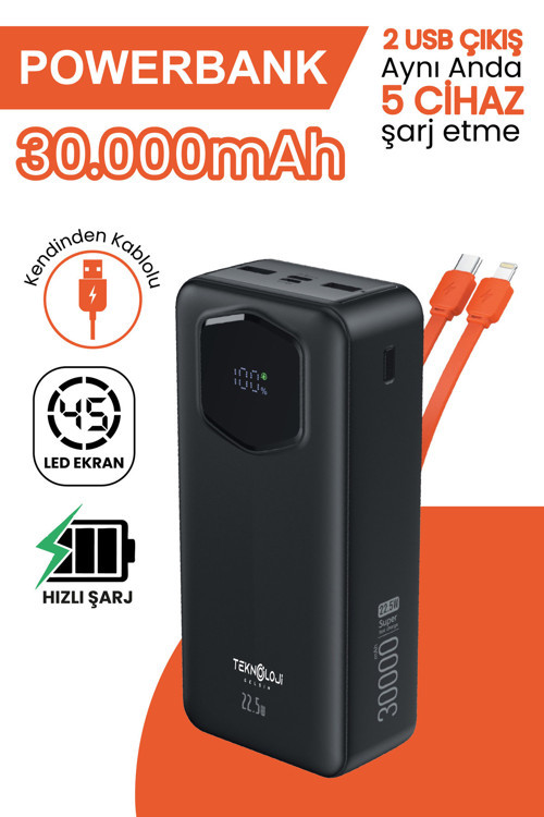 30.000 Mah Hızlı Şarj Powerbank 22.5 W Kendinden Kablolu Göstergeli Taşınabilir Batarya