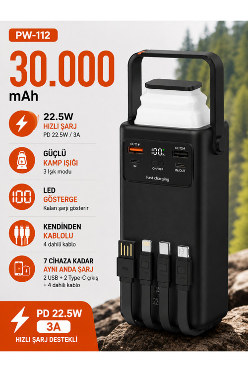 30.000 Mah Powerbank 22.5W Hızlı Şarj Lcd Ekran 4 Çıkış 4 Kablo Kamp Işıklı Taşınabilir Batarya
