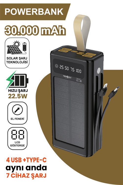 30.000 Mah Powerbank Güneş Enerjili Solar Hızlı Şarj Göstergeli El Fenerli Taşınabilir Batarya 22.5W