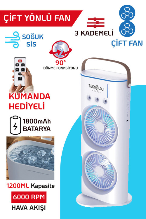 Masaüstü Vantilatör Taşınabilir Buzlu Su Spreyli Çift Katlı Fan Rgb Led Şarjlı Kumandalı 6000 Rpm