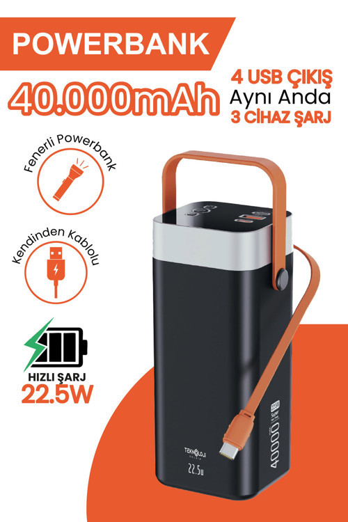 40.000 Mah Hızlı Şarj Powerbank Kamp Işığı Güçlü El Feneri Kablolu Göstergeli Taşınabilir Batarya