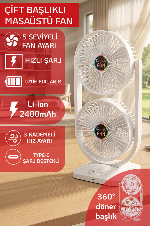 Masaütü Fan Çift Katlı Şarjlı Vantilatör Sessiz Çalışma Oynar Baş Type-C Hızlışarj 3 Kademe Soğutucu