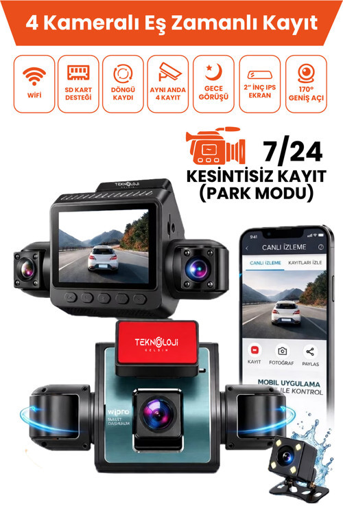 4 Kameralı Araç İçi Kamera Lcd Ekranlı 360° 1080P Hd Gece Görüşü, G Sensor, Park, Döngü Kayıt Wdr, Uygulama Kontrol