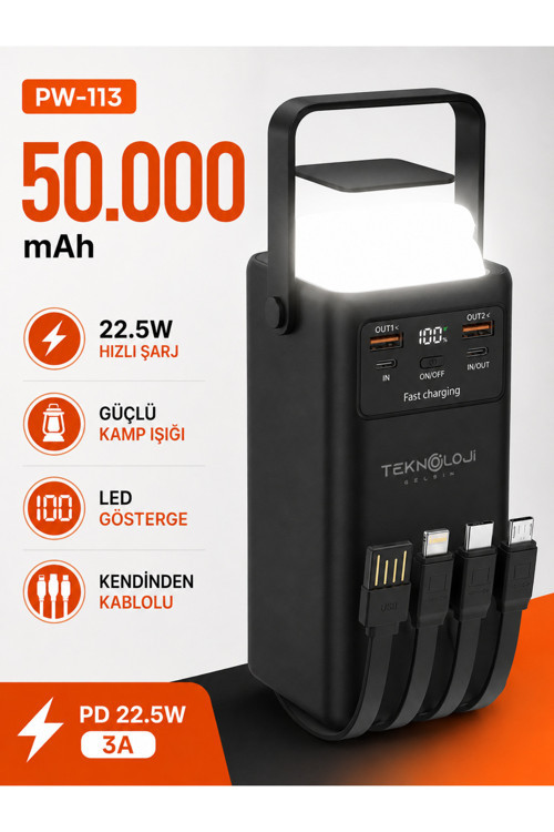 50.000 Mah Powerbank 22.5W Hızlı Şarj Lcd Ekran 4 Çıkış 4 Kablo Kamp Işıklı Taşınabilir Batarya