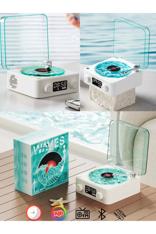 Plak Speaker Nostalji 3D Surrond Ses Kalitesi Saatli Bluetooth Hoparlör Retro Müzik Çalar Fm Radyo