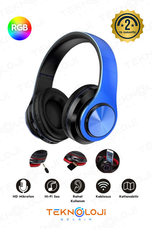 Kablosuz Kulaklık Bluetooth Mikrofonlu Kulaküstü Kulaklık Led Işıklı Katlanabilir Mavi
