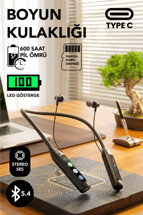 600 Saat Sporcu Kulaklığı Kablosuz Bluetoot Kulaklık Led Göstergeli Boyunluk Kulaklık Stereo V5.4