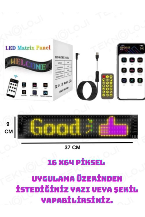 Led Ekran Matrix Panel Cama Yapışan Büyük Boy 16X64 Telefon App Kontrol Digital Araba Yazısı Rgb