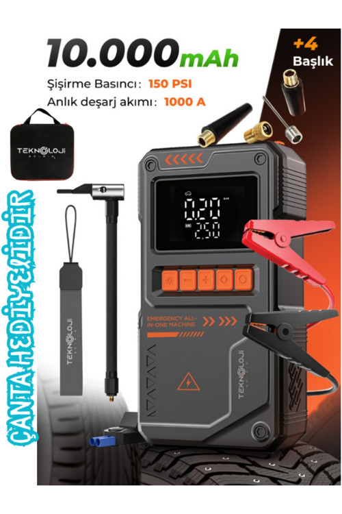 Şarjlı Akü Takviye Cihazı Pompa Powerbank El Feneri Oto Kompresör 10000Mah Anahtarlık-Çanta Hediye