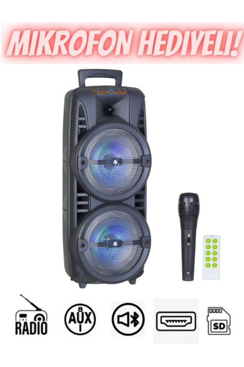 Bluetooth Hoparlör Ultra Büyük 8 İnç*2 Çift Parti Hoparlör Işıklı Mikrofonlu 60Cm Speaker Aux/Fm/Usb