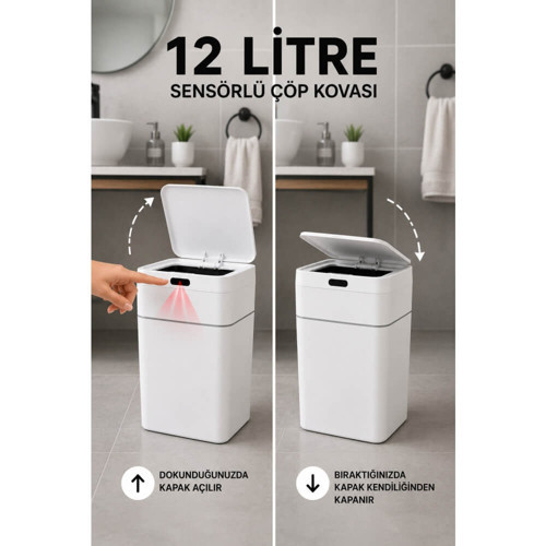 Sensörlü Otomatik Kapaklı Akıllı Çöp Kovası Beyaz 12 Lt