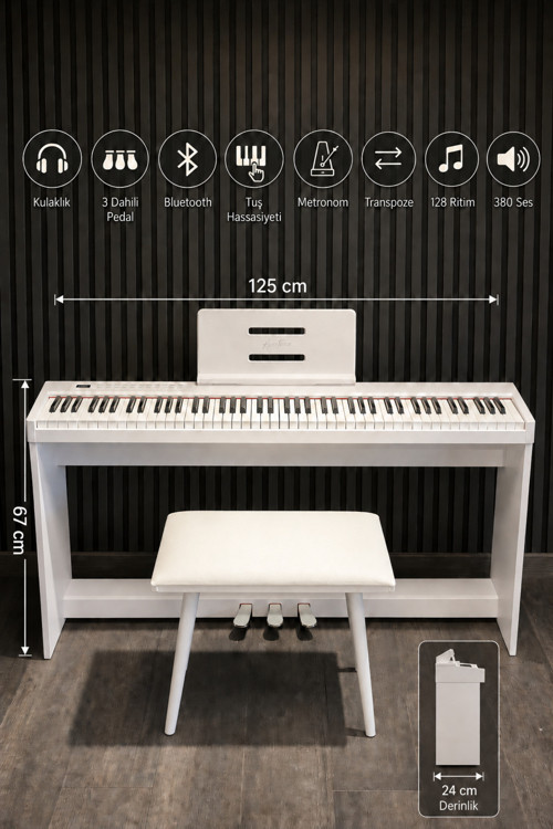 Beyaz Digital Piyano Hassasiyetli 88 Dolgu Tuş 3 Pedal Tabure Kulaklık Dahil