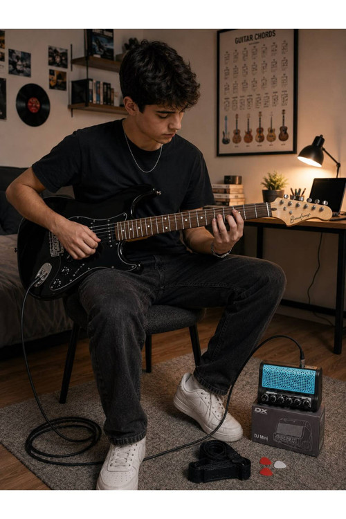 Siyah Hss Elektro Gitar Seti Mini Şajlı Bluetooth Distorsion+Reverb Li Amfi Kılıf Askı Pena Kablo