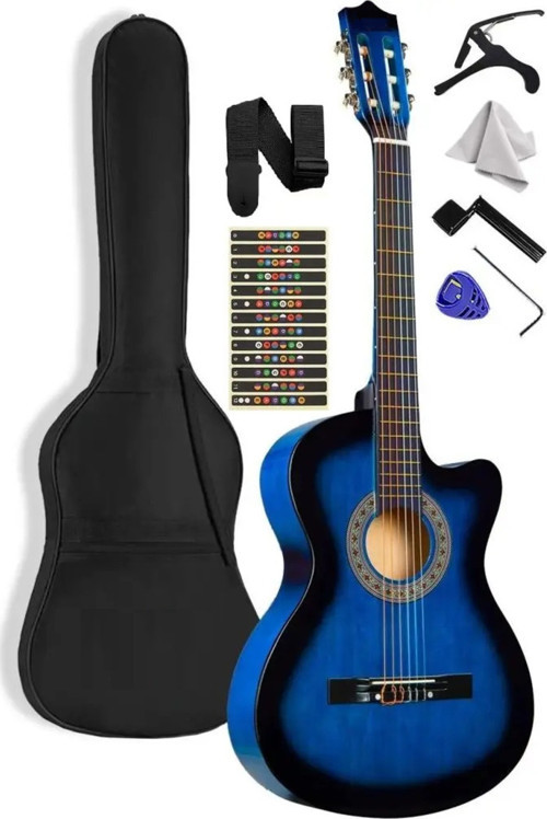 Mavi Klasik Gitar Kesik Kasa Sap Ayarlı 4/4 Tam Boy Kılıf-Pena-Askı-Kapo-Sticker-Çevirici