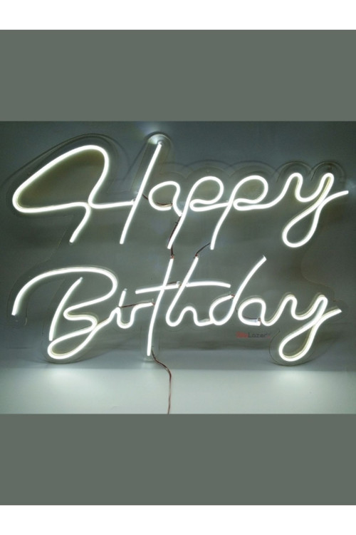 Happy Birthday Yazılı Dekoratif Neon Led Tablo - BEYAZ - 60cmx40cm- Tamamen El işçiliği - DilaNeon -