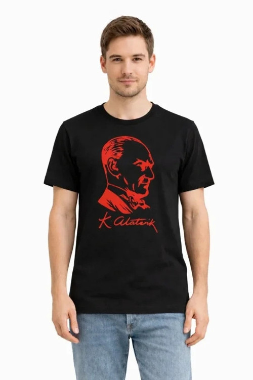 Bicomi Erkek Gün Boyu Rahat Pamuklu Atatürk Baskılı Bisiklet Yaka Siyah Tişört