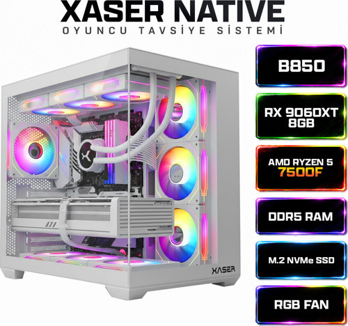 Native X80 Ryzen 5 7500F 16GB Ram 512GB M.2 NVMe SSD 8GB RX9060XT Sıvı Soğutmalı Hazır Sistem Oyuncu Bilgisayarı
