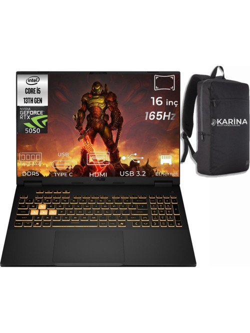 TUF Gaming F16 Intel Core i5-13450HX FX608JH-RV010-K064 96GB 2TB RTX 5050 8GB W11Pro 16" FHD+ WUXGA 165Hz IPS Panel Taşınabilir Dizüstü Bilgisayar & Karina Çanta
