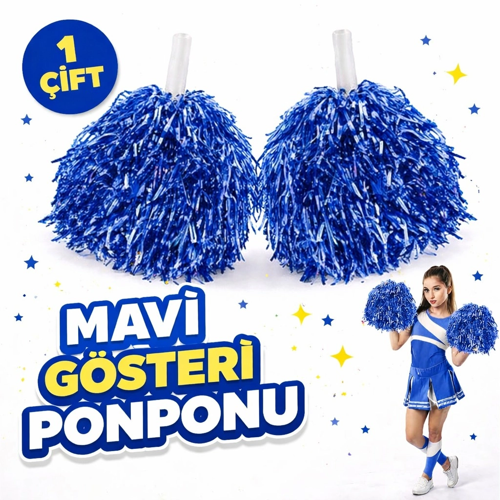 1 Çift (2 Adet) Mavi Renk 23 Nisan 19 Mayıs 29 Ekim Okul Gösteri Ponponları Ekstra Dolgun