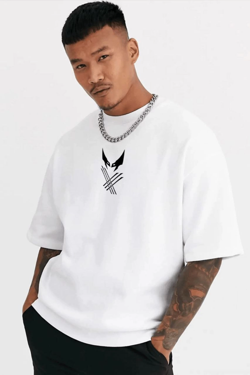 Bisiklet Yaka Baskılı Oversize T-Shirt - Beyaz