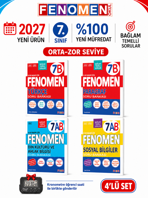 2027 7.Sınıf 7B TÜRKÇE-7B PARAGRAF -7AB SOSYAL -7AB DİN Yeni Müfredat Soru Bankası Seti(4 KİTAP)+Kronometre
