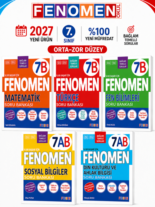 2027 7.Sınıf 7A MAT- 7B TÜRKÇE-7B FEN-7AB SOSYAL -7AB DİN Yeni Müfredat Soru Bankası Seti(5 KİTAP)