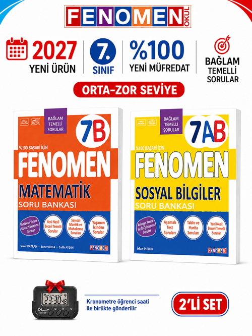 2027 7.Sınıf 7B MATEMATİK- 7AB SOSYAL BİLGİLER Maarif Yeni Müfredat Soru Bankası Seti(2 KİTAP)(Orta-Zor)+Kronometre