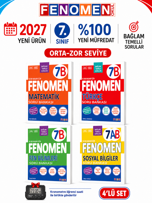 2027 7.Sınıf 7B MATEMATİK- 7B TÜRKÇE-7B FEN-7AB SOSYAL -Yeni Müfredat Soru Bankası Seti(4 KİTAP)+Kronometre