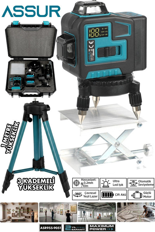 Profesyonel 360° 12 Köşe Otomatik Hizalamalı Yeşil Çizgili Su Terazili Lazer Metre Hizalama Ve Tripod