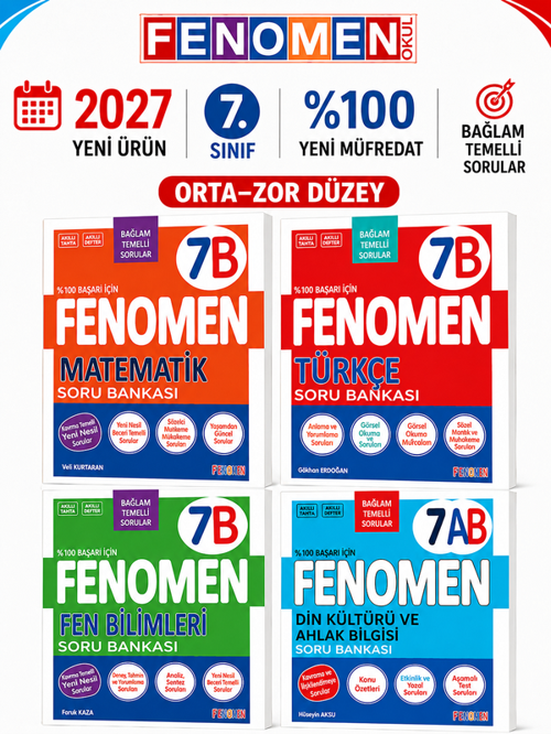 2027 7.Sınıf 7B MATEMATİK- 7B TÜRKÇE-7B FEN-7AB DİN KÜLTÜRÜ -Yeni Müfredat Soru Bankası Seti(4 KİTAP)