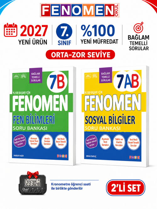 2027 7.Sınıf 7B MATEMATİK- 7B TÜRKÇE-7B FEN BİLİMLERİ Maarif Yeni Müfredat Soru Bankası Seti(3 KİTAP)+Kronometre
