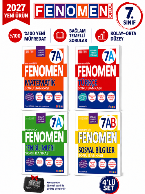 2027 7.Sınıf 7A MATEMATİK- 7A TÜRKÇE-7A FEN-7AB SOSYAL -Yeni Müfredat Soru Bankası Seti+Kronometre(4 KİTAP)